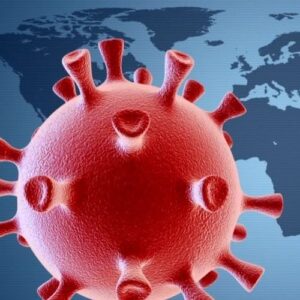 Illustration of COVID-19 Virus in front of world map