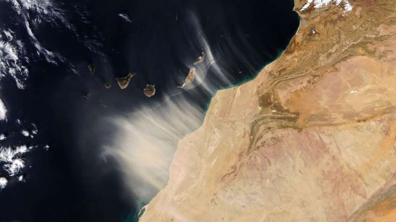Dust from northwest Africa blows over the Canary Islands in this image captured by the NOAA-20 satellite on Jan. 14