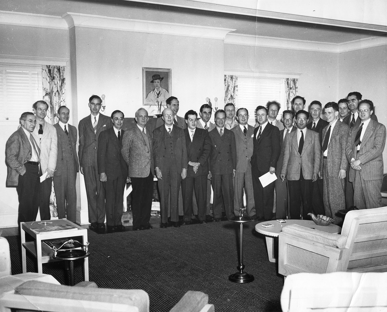 Participants at the 1947 Shelter Island Conference on Quantum Mechanics (left to right): I.I. Rabi; Linus Pauling; J. Van Vleck; W.E. Lamb; Gregory Breit; D. MacInnes; K.K. Darrow; G.E. Uhlenbeck; Julian Schwinger; Edward Teller; Bruno Rossi; Arnold Nordsieck; John von Neumann; John A. Wheeler; Hans A. Bethe; R. Serber; R.E. Marshak; Abraham Pais; J. Robert Oppenheimer; David Bohm; Richard P. Feynman; Victor F. Weisskopf; Herman Feshbach. Not pictured: H.A. Kramers.