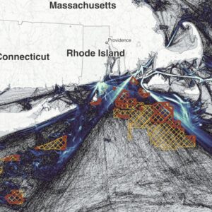 Illustration demonstrates fishing vessel traffic and offshore wind lease areas near Rhode Island.