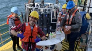 Augustus Pendleton (front) aboard the U.S. EPA’s Lake Guardian research vessel. His work on microbial communities in estuaries is supported by a Sustainable Biodiversity Fund grant. (provided)