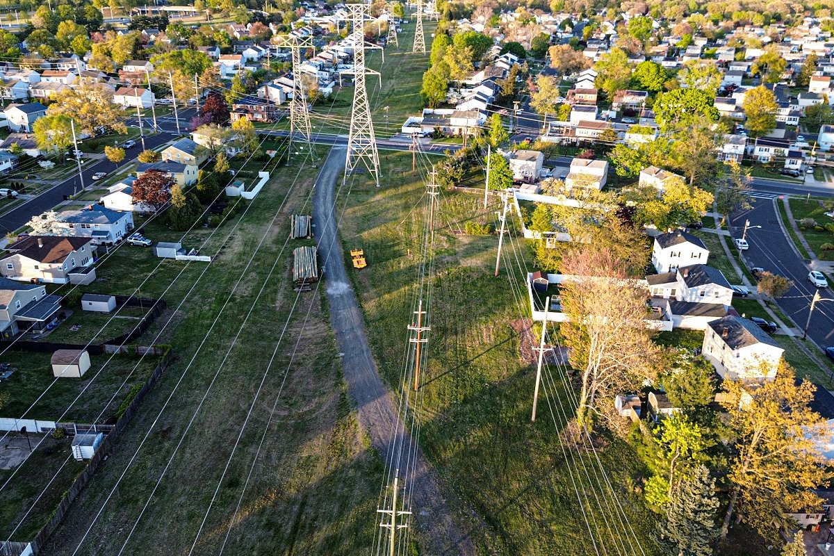 Aerial view of power lines near neighborhood in S. New Jersey (iStock)