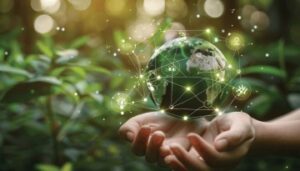 Illustration of hand holding green globe in forest