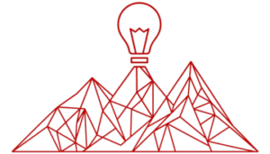 Line art illustration of light bulb above 3d vector representation of 3 mountain peaks