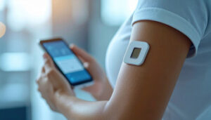 Person using a smartphone and wearing a health sensor on their upper arm