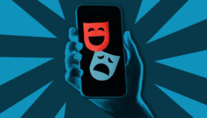 Illustration of hand holding cellphone displaying drama masks