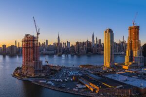 Construction in Brooklyn with view of Manhattan skyline in the background