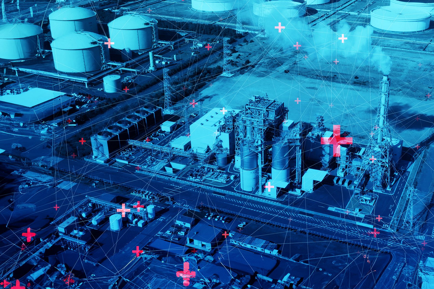 Aerial view of Factory with overlay of crosses suggesting emission rates